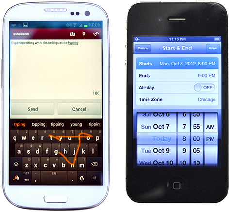 Figure 3—Two on-screen entry methods: gestural typing and virtual thumbwheels Figure 3—Two on-screen entry methods: gestural typing and virtual thumbwheels